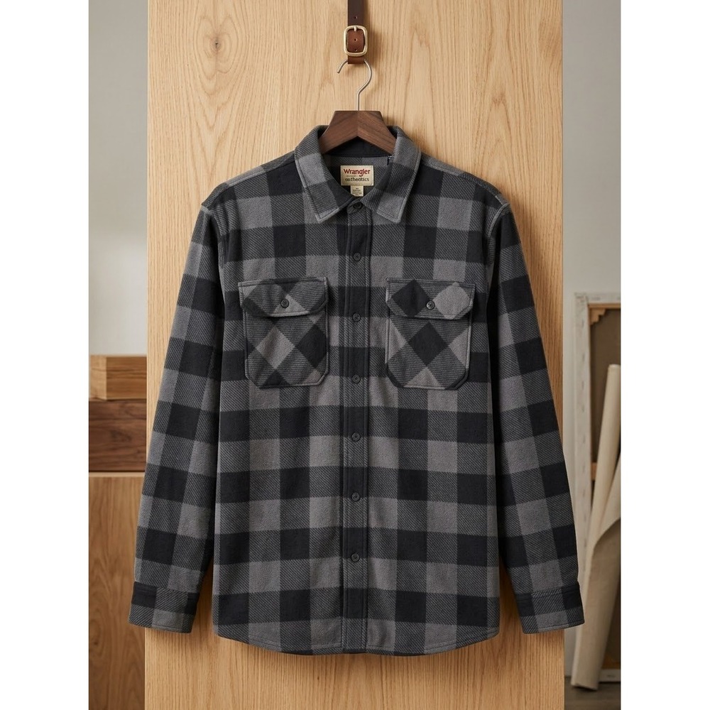 Wrangler Authentics Mens Fleece Shirt Gray Black Buffalo Plaid L Long Sleeve